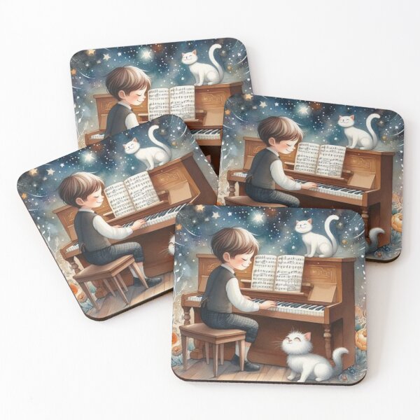 Item preview, Boy playing piano with white Persian cat in fantasy starlit garden designed and sold by ElegantTeaTime.