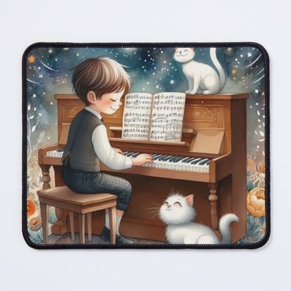Item preview, Boy playing piano with white Persian cat in fantasy starlit garden designed and sold by ElegantTeaTime.