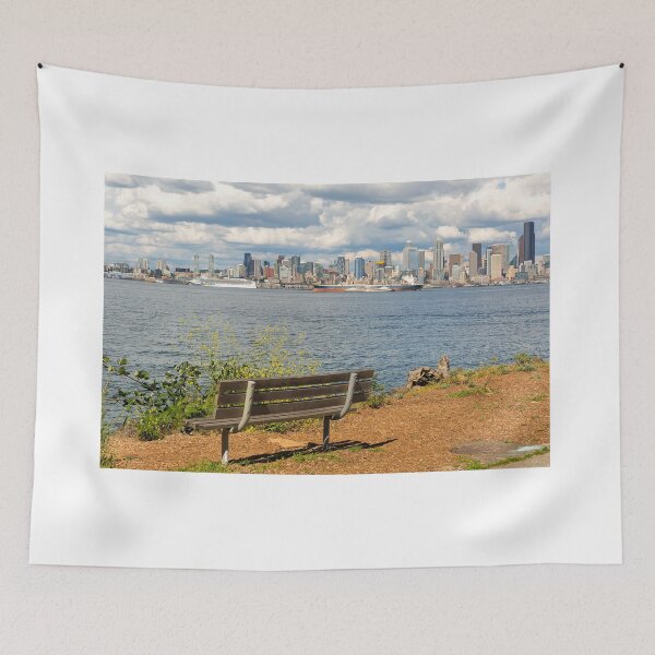 Item preview, View of Seattle WA city skyline along Elliott Bay by wooden bench in Alki Beach designed and sold by davidgnsx1.