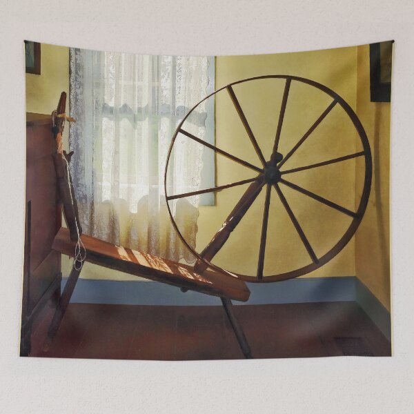 Item preview, Large Spinning Wheel Near Lace Curtain designed and sold by Susan Savad.
