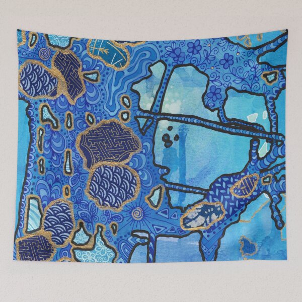 Item preview, Alien cave blue mixed media painting with washi collage designed and sold by Yue Zeng Art Studio.