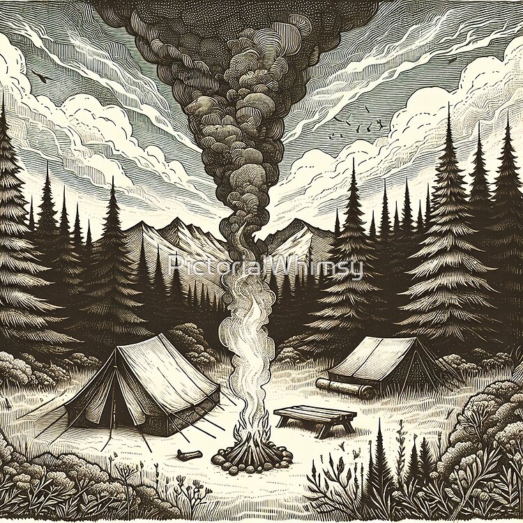 Enchanted forest with spiraling smoke — botanical woodland art print