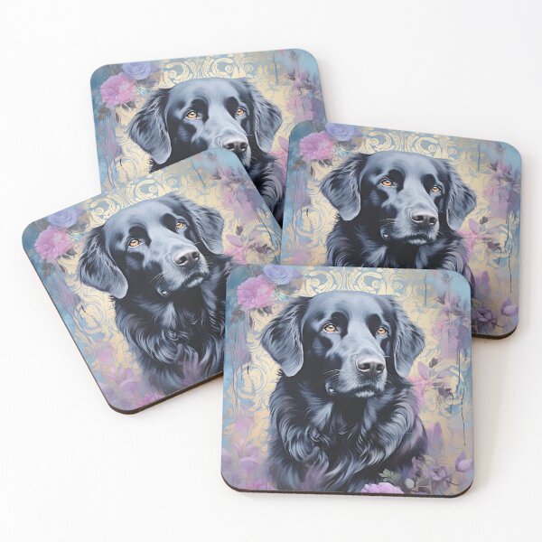 Item preview, black Flat Coated Retriever dog in flowers watercolor designed and sold by WallyPink.