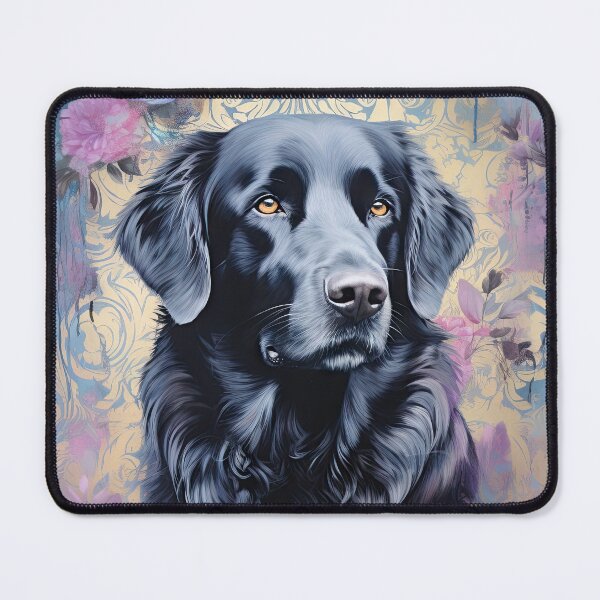 Item preview, black Flat Coated Retriever dog in flowers watercolor designed and sold by WallyPink.