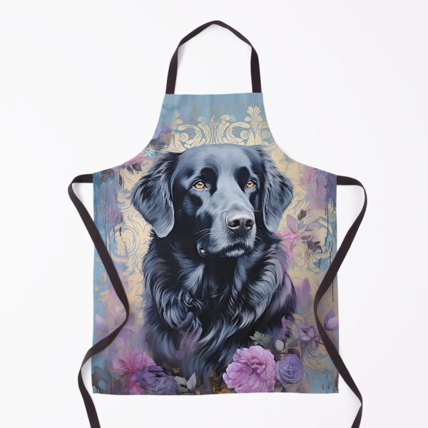 Item preview, black Flat Coated Retriever dog in flowers watercolor designed and sold by WallyPink.