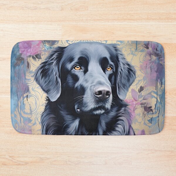 Item preview, black Flat Coated Retriever dog in flowers watercolor designed and sold by WallyPink.