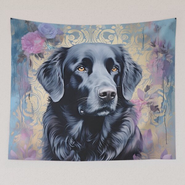 Item preview, black Flat Coated Retriever dog in flowers watercolor designed and sold by WallyPink.