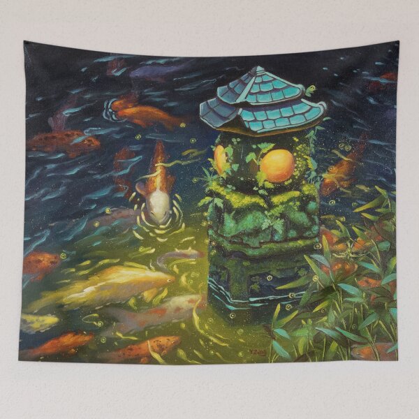 Item preview, Stone lantern with koi fish original oil painting designed and sold by Yue Zeng Art Studio.