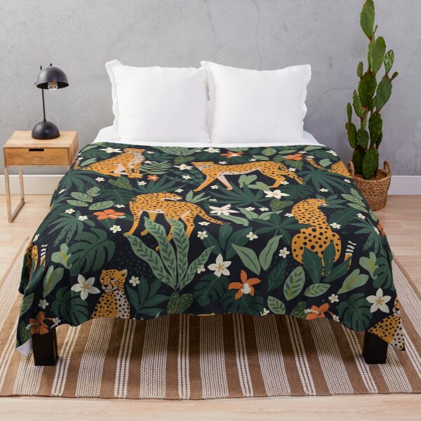 Item preview, Leopards, flowers, and tropical leaves on a black background. designed and sold by AngelinaBambina.