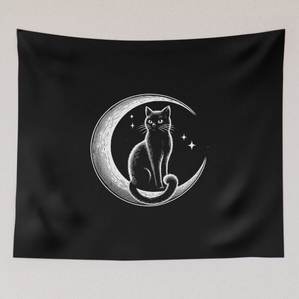 Item preview, black cat sits on crescent moon designed and sold by CreativeSparkzz.