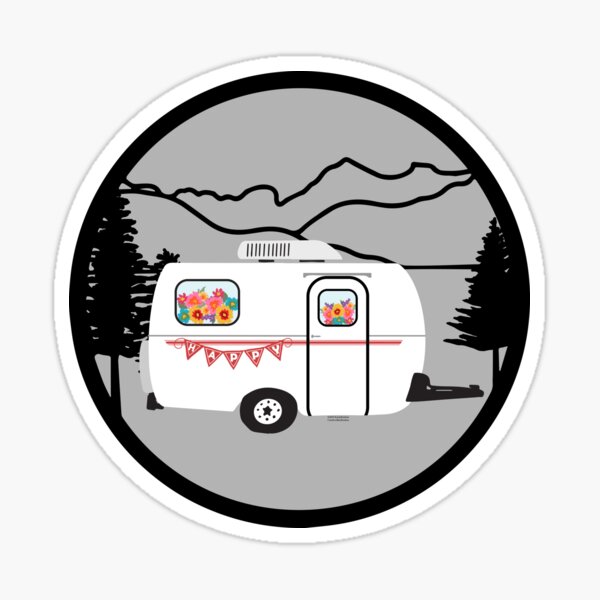 White Camper Travel Trailer in Mountains Sticker