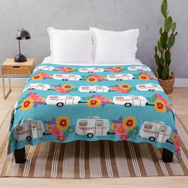 Camp Happy Travel Trailer with Flowers - Glamping Style Throw Blanket
