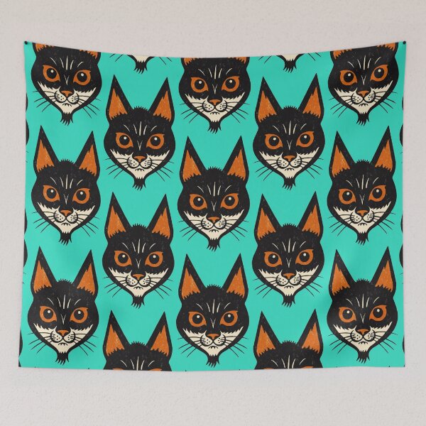 Item preview, Retro cartoon cat face on a turquoise background designed and sold by VoodoovilleArt.