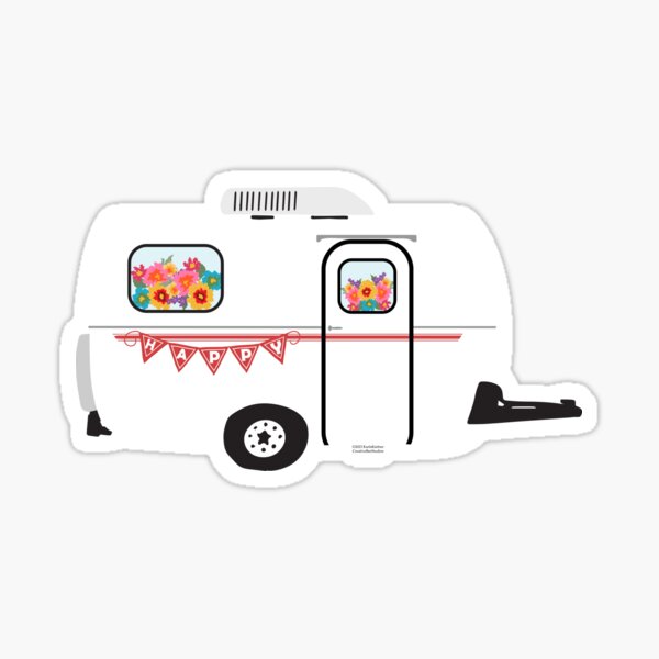 Camp Happy Travel Trailer with Pennants and Flowers- Fiberglass Glamping Sticker