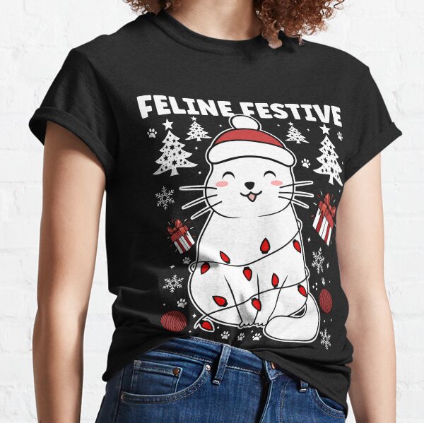 Item preview, Feline Festive Happy Cat | Cute and Festive Christmas Cat Wearing Christmas Lights - Black designed and sold by PearlMoonGrapes.