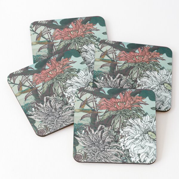 Item preview, Abstract Botanical Wall Art - Fiddleheads and Dahlias, Coral, Sage and Indigo, Collage No.12623-02 designed and sold by MirabiliaMagpie.