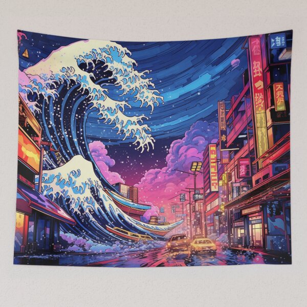 Item preview, The Great Wave Off Kanagawa Cyberpunk neon style clouds designed and sold by zand-n-zive.