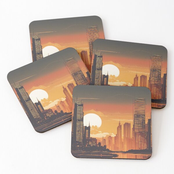 Item preview, Silhouette of a big city with skyscrapers at sunset, landscape, poster designed and sold by Woodoartdesign.