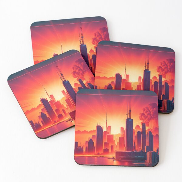Item preview, Silhouette of a big city with skyscrapers at sunset, landscape, poster designed and sold by Woodoartdesign.