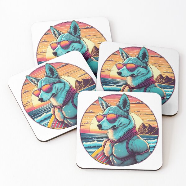 Item preview, Muscular, retrowave dingo with surfboard and sunglasses designed and sold by zarebik.