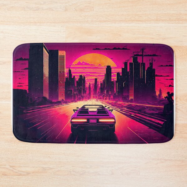 Item preview, Retro-Futuristic Car Driving Through City Towards Synthwave Sun  designed and sold by Nightarcade.