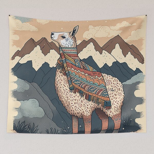 Item preview, Mountain Majesty Llama - Patterned Poncho in the Andes Illustration designed and sold by PaintbrushPlace.