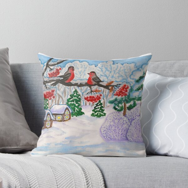 Item preview, Bullfinches on branch with ashberries in winter forest with houses designed and sold by Irina Afonskaya.
