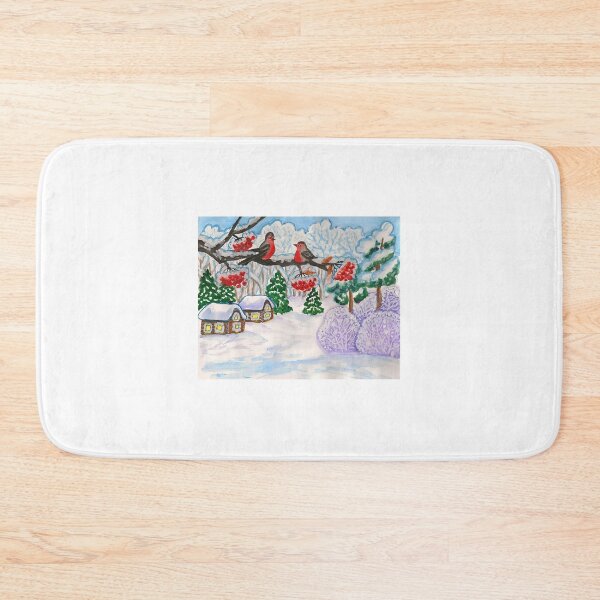 Item preview, Bullfinches on branch with ashberries in winter forest with houses designed and sold by Irina Afonskaya.