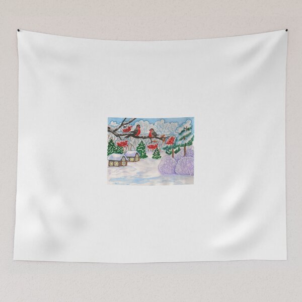 Item preview, Bullfinches on branch with ashberries in winter forest with houses designed and sold by Irina Afonskaya.
