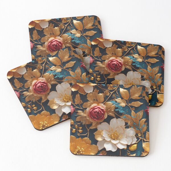 Item preview, Midnight Florals: Golden Blossoms Against Deep Blue | Blue, White, Gold, Pink, Turquoise designed and sold by JackrabbitPub.