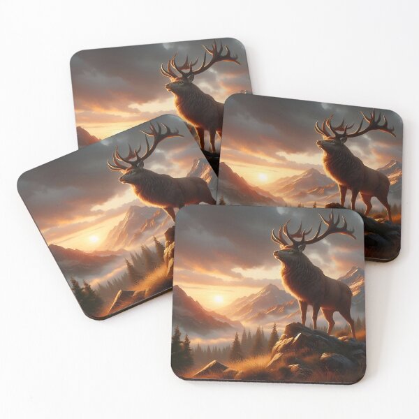 Item preview, A powerful deer with large antlers watches the sunrise against the background of mountains designed and sold by ART-POD-PL.