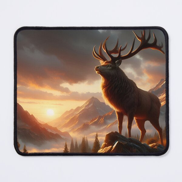 Item preview, A powerful deer with large antlers watches the sunrise against the background of mountains designed and sold by ART-POD-PL.