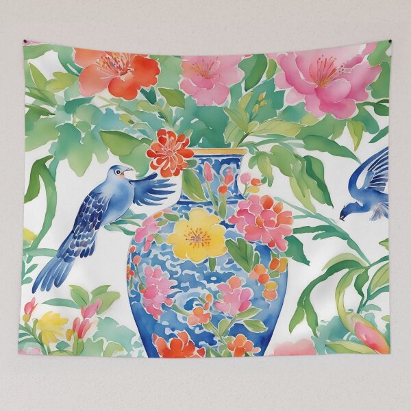 Item preview, Modern chinoiserie ginger jar, birds and flowers designed and sold by SophieClimaArt.