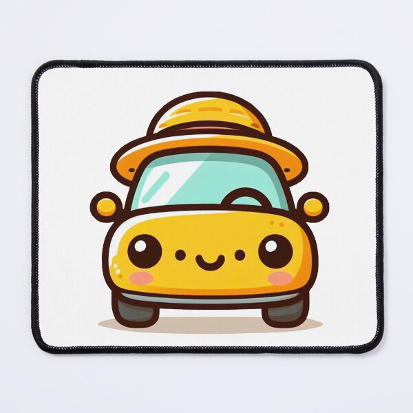 Item preview,  A cute yellow car in cartoon style, smiling, on a white background with a hat designed and sold by SoftMuse Designs.