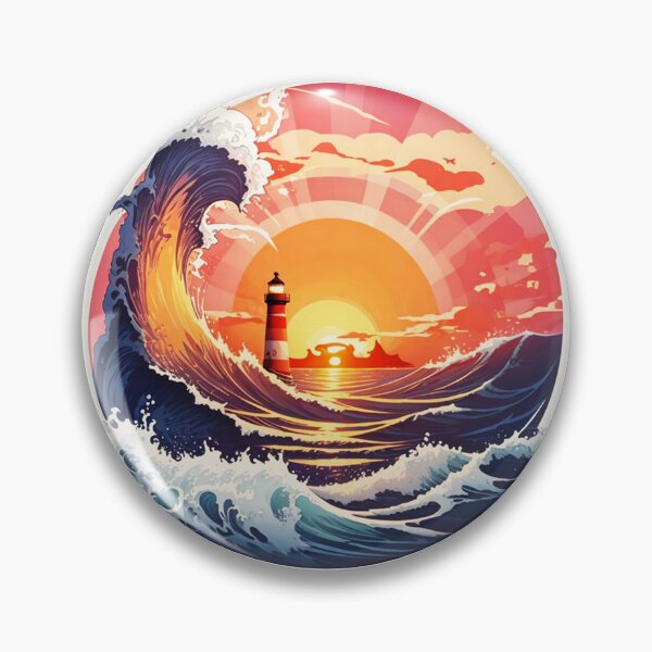 Item preview, Vintage Lighthouse at Sunset with Curly Waves designed and sold by NautiChic.