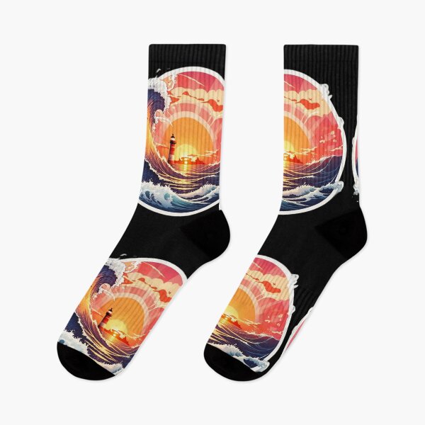 Item preview, Vintage Lighthouse at Sunset with Curly Waves designed and sold by NautiChic.