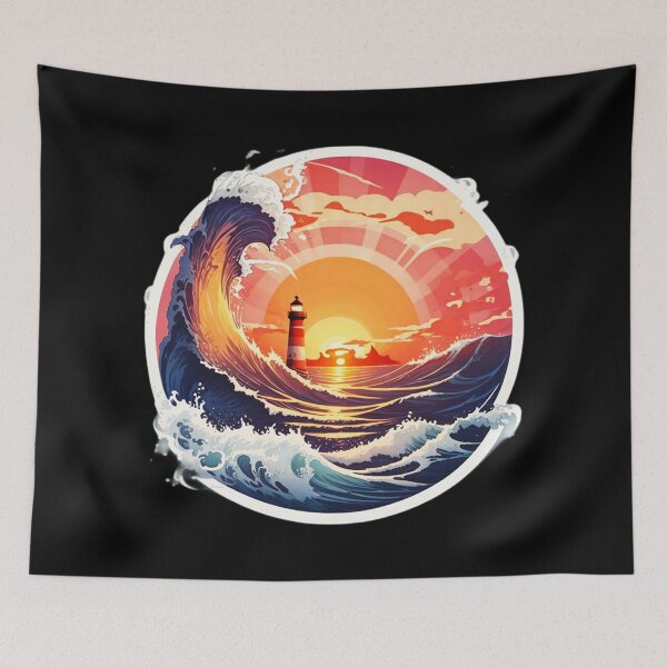 Item preview, Vintage Lighthouse at Sunset with Curly Waves designed and sold by NautiChic.