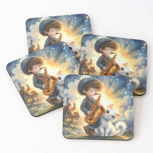Item preview, Boy playing saxophone with white Persian cat in idyllic village at night designed and sold by ElegantTeaTime.