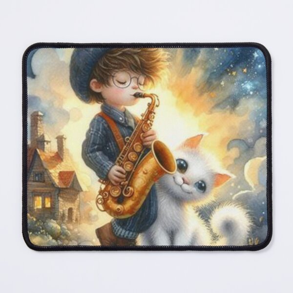 Item preview, Boy playing saxophone with white Persian cat in idyllic village at night designed and sold by ElegantTeaTime.