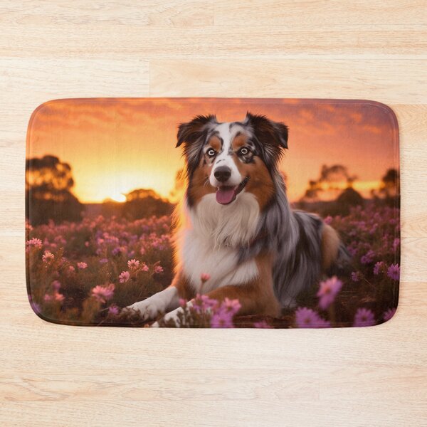 Item preview, Cute australian shepherd dog breed portrait photography in flower field in nature designed and sold by NBSStore.