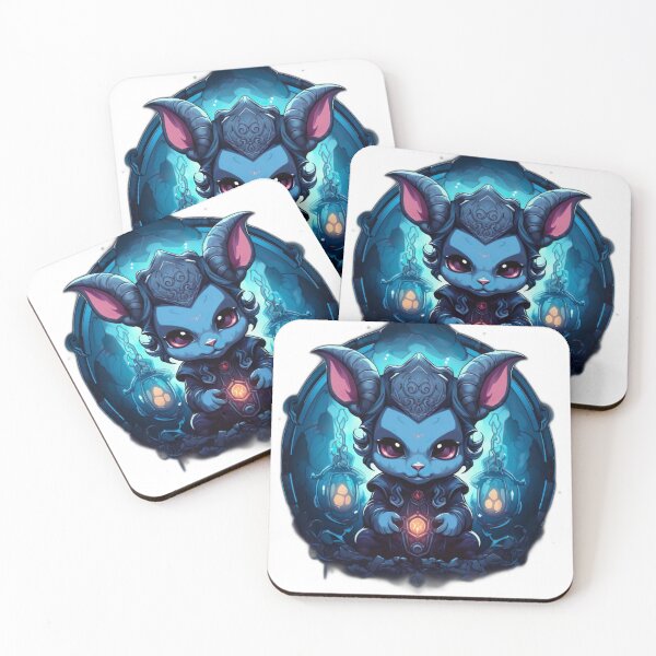Item preview, cartoon character with horns and a demon outfit sitting on a rock in front of a blue background designed and sold by artumbre.