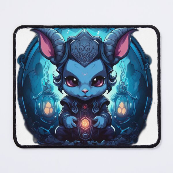 Item preview, cartoon character with horns and a demon outfit sitting on a rock in front of a blue background designed and sold by artumbre.
