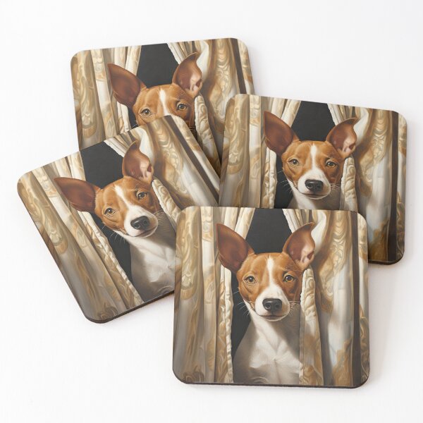Item preview, cute Basenji dog looks through curtain designed and sold by WallyPink.