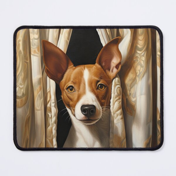 Item preview, cute Basenji dog looks through curtain designed and sold by WallyPink.
