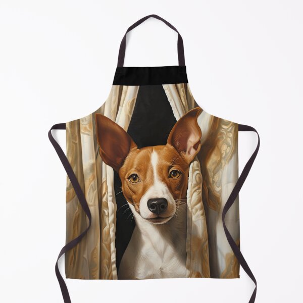 Item preview, cute Basenji dog looks through curtain designed and sold by WallyPink.