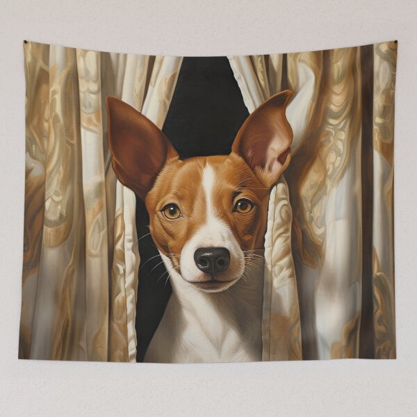 Item preview, cute Basenji dog looks through curtain designed and sold by WallyPink.