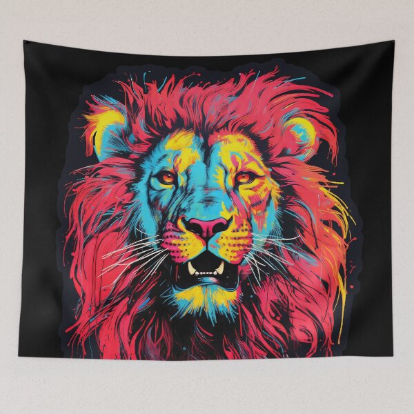 Item preview, Colorful lion painted art in the style of neon color palette , paint dripping technique, acidic colors designed and sold by MagicColorPrint.