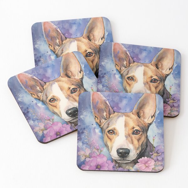 Item preview, Basenji dog portrait with flowers in watercolor designed and sold by WallyPink.