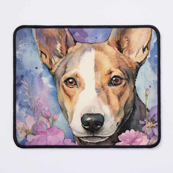 Item preview, Basenji dog portrait with flowers in watercolor designed and sold by WallyPink.