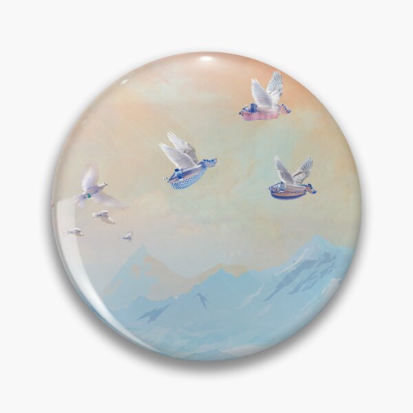 Item preview, Three flying hurdy-gurdies in an orange-pink sky above a landscape of mountains and forest with a deer and doves. designed and sold by Zal-Production.